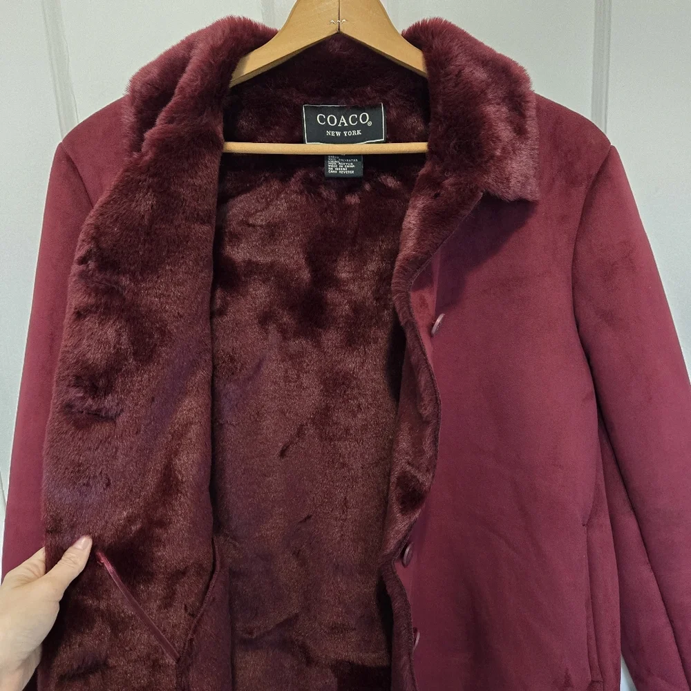 Coaco Women's Burgundy Penny Lane Coat Size S Faux Fur Trim Y2K Bratz Statement